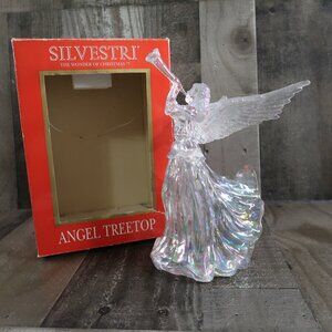 Vintage Silvestri Angel Christmas Tree Topper Iridescent Clear  9.5" Trumpet